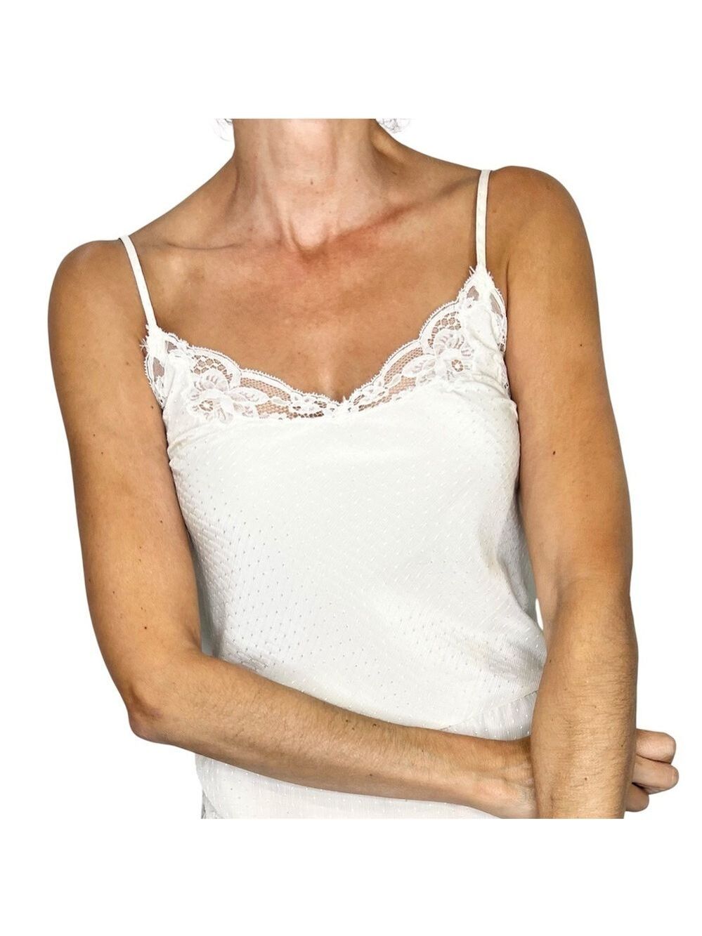 Vintage Made in France cream lace detail Swiss dot teddy one piece lingerie XS